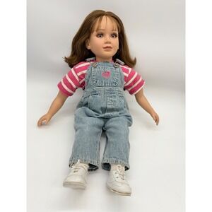 My Twinn Doll Brown Hair Pink Striped Shirt Denim Overalls White Sneakers 22"